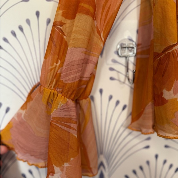 Orange and Brown Ruffled Bell Sleeve Tie Front Blouse - Picture 3 of 7
